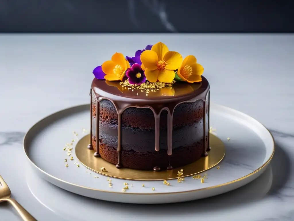 Un exquisito pastel vegano de chocolate con flores comestibles, ganache sin lácteos y hojuelas de oro, sobre mármol