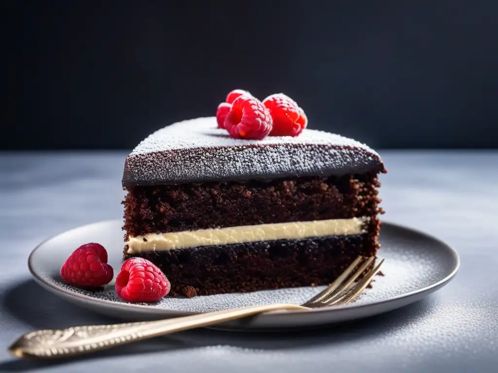 Un exquisito pastel vegano de chocolate y quinoa, decorado con frambuesas frescas y azúcar glass