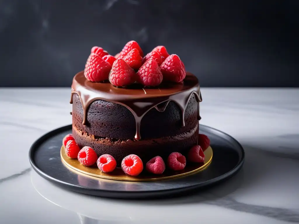 Un exquisito pastel vegano de chocolate decorado con frambuesas y hojas de menta