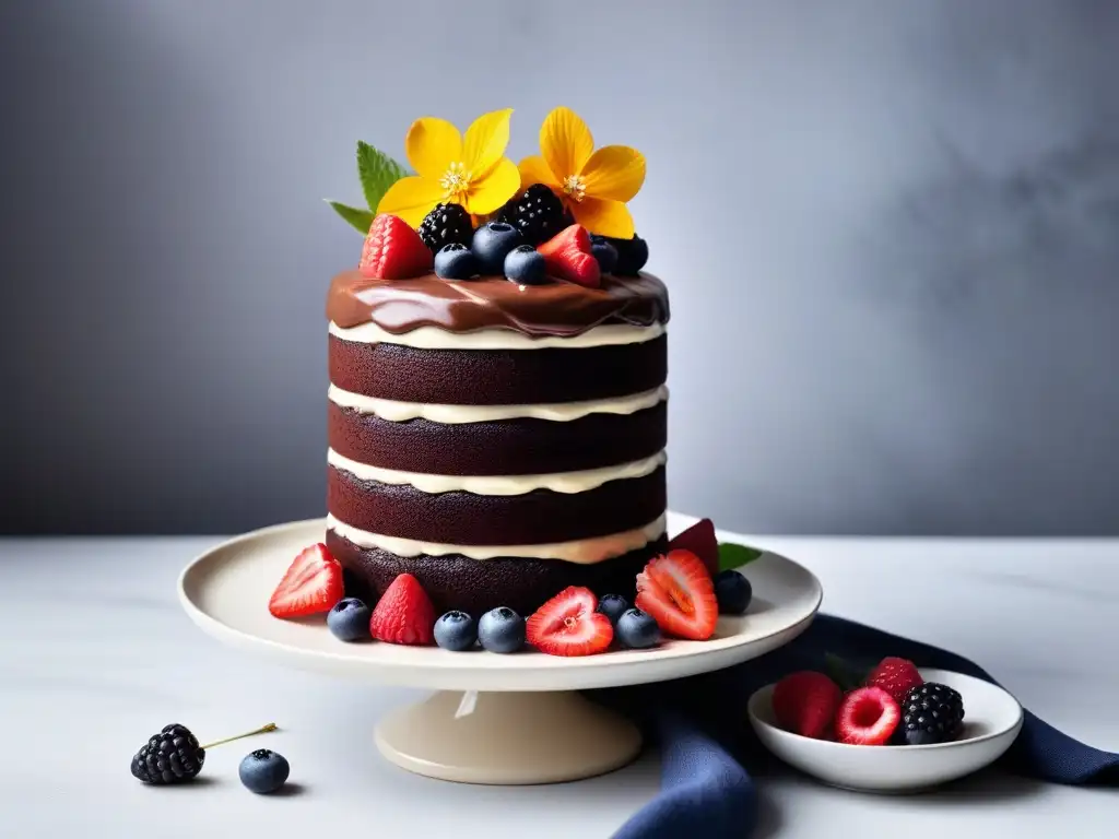 Un exquisito pastel vegano de chocolate, sin lácteos, decorado con frutos rojos y flores comestibles en un elegante soporte blanco