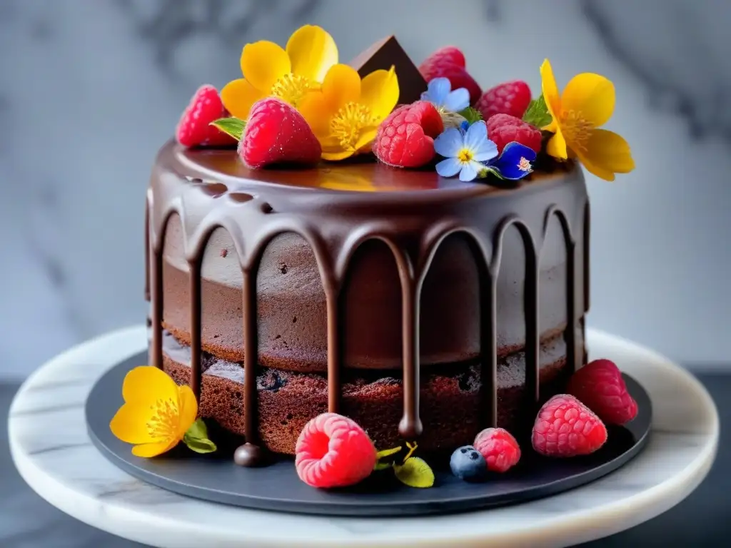 Un exquisito pastel vegano de chocolate con frambuesas y flores comestibles, en un elegante soporte de mármol, sobre un fondo blanco minimalista