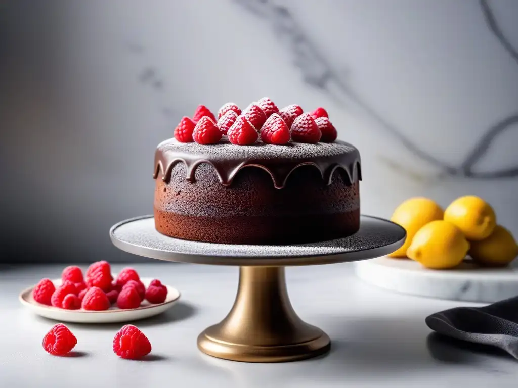 Un exquisito pastel vegano sin gluten con frambuesas frescas, decorado con chocolate y flores comestibles en un elegante soporte de mármol