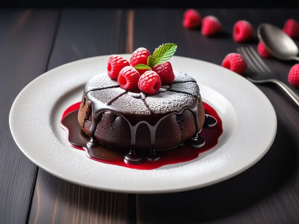 Exquisito pastel vegano de lava de chocolate con coulis de frambuesa, perfecto para un menú vegano cena San Valentín