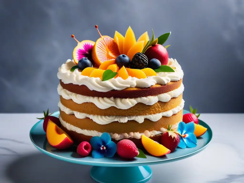 Un exquisito pastel vegano tres leches con frutas tropicales y flores comestibles