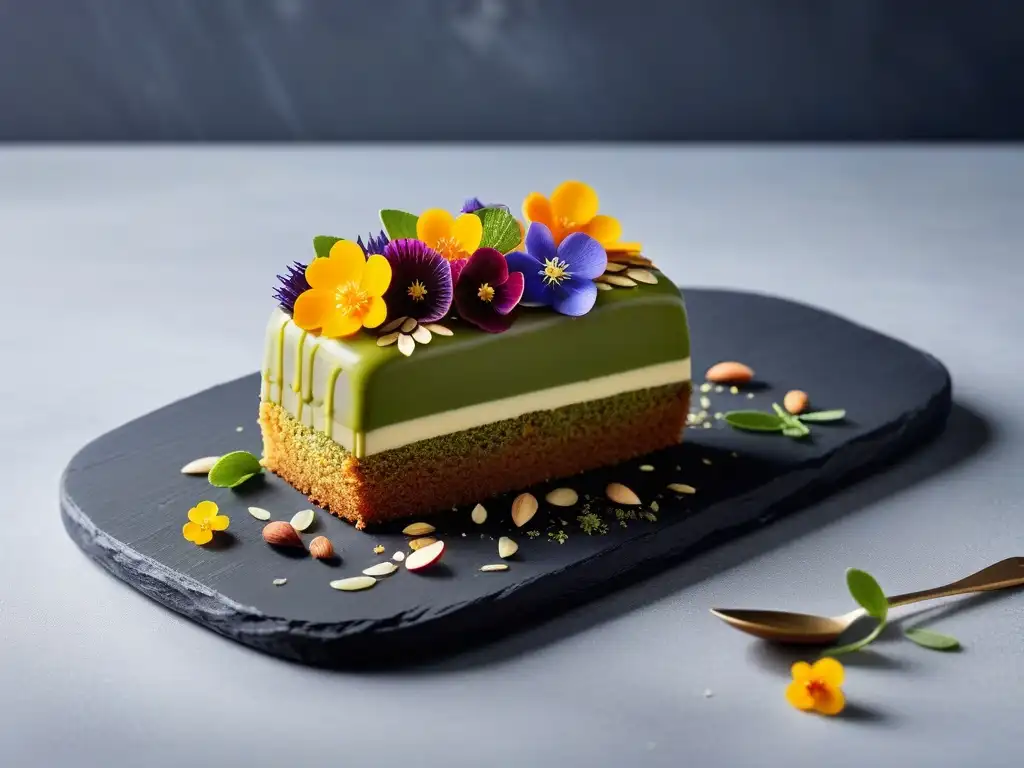 Exquisito pastel vegano de matcha con flores comestibles y chocolate blanco, en tendencia pastelería vegana mundial