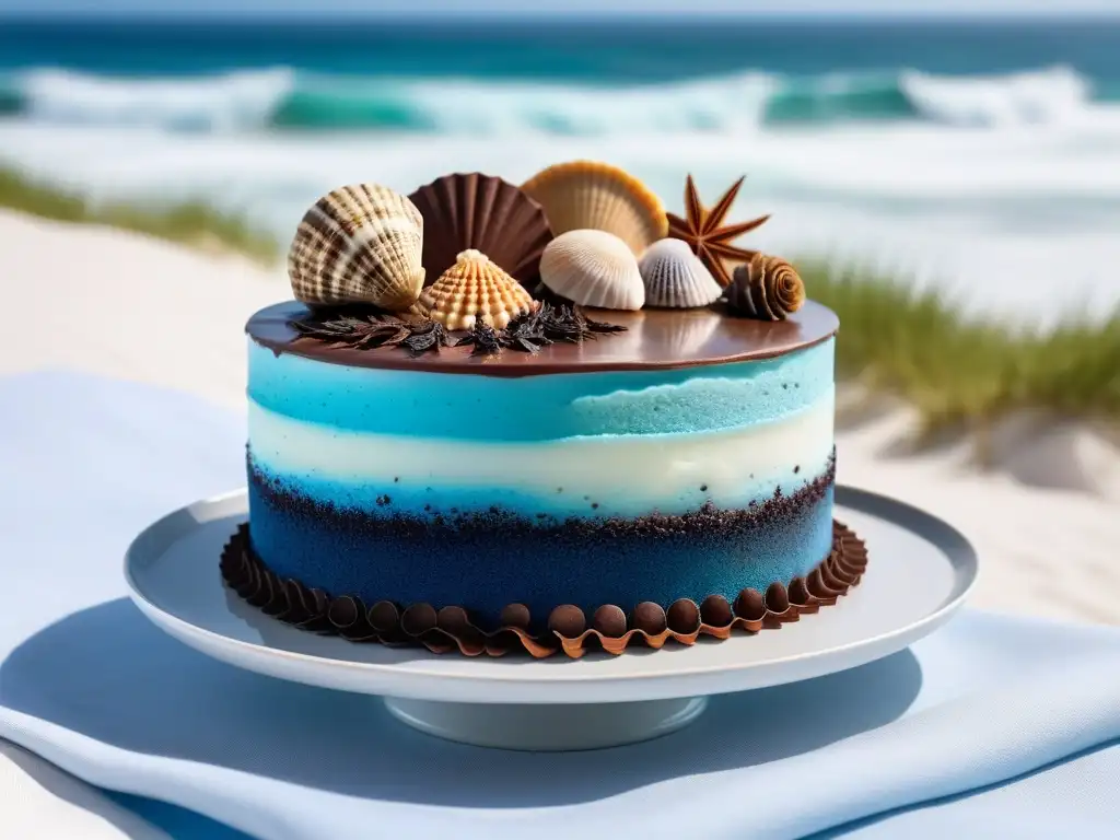 Un exquisito pastel vegano con toque oceánico: decorado con conchas y algas de azúcar sobre un fondo de mar sereno