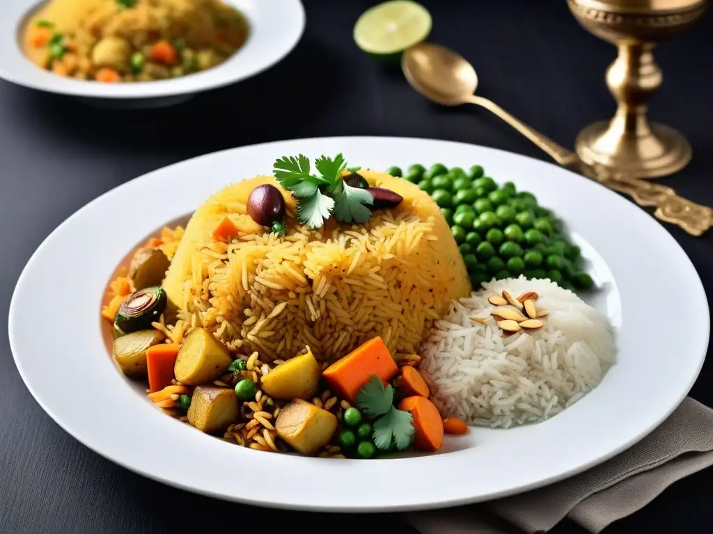 Exquisito plato de Biryani Vegano, con arroz basmati, verduras y almendras, sobre elegante vajilla blanca