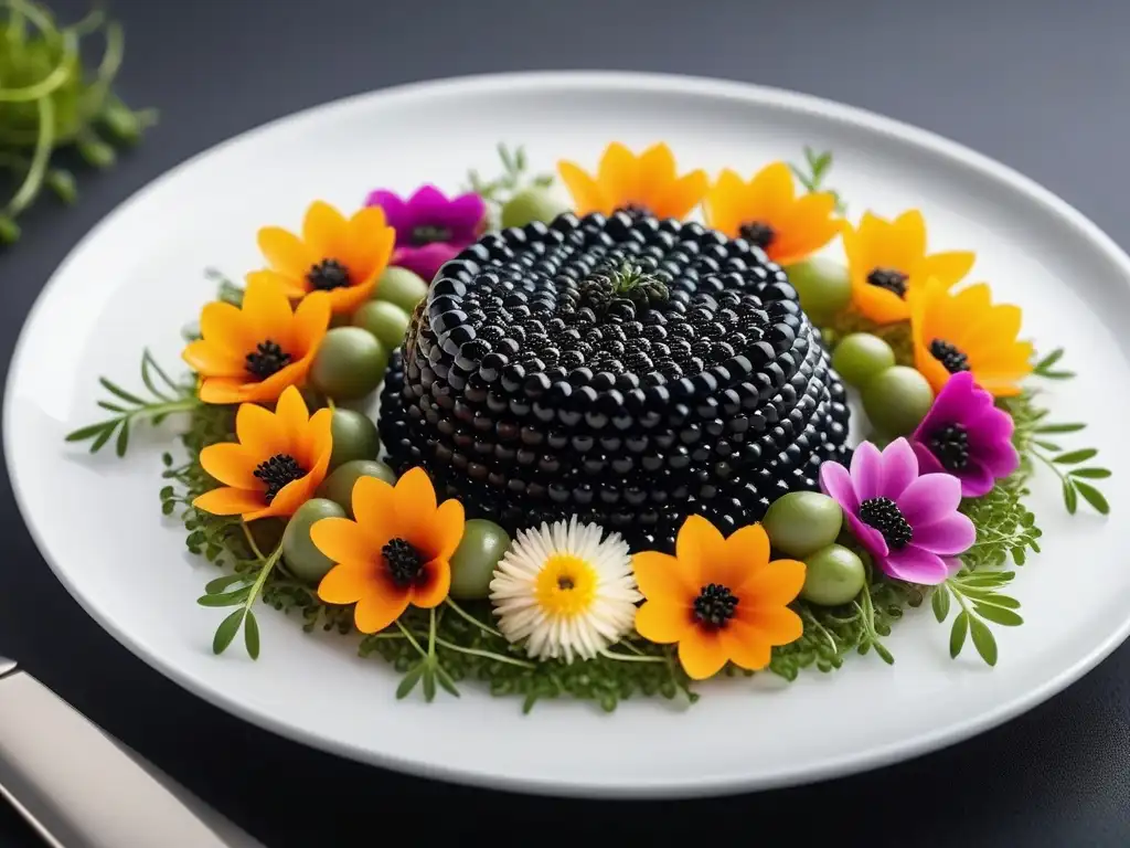 Exquisito plato de caviar vegano gourmet con perlas negras, microgreens y flores comestibles, destacando la elegancia