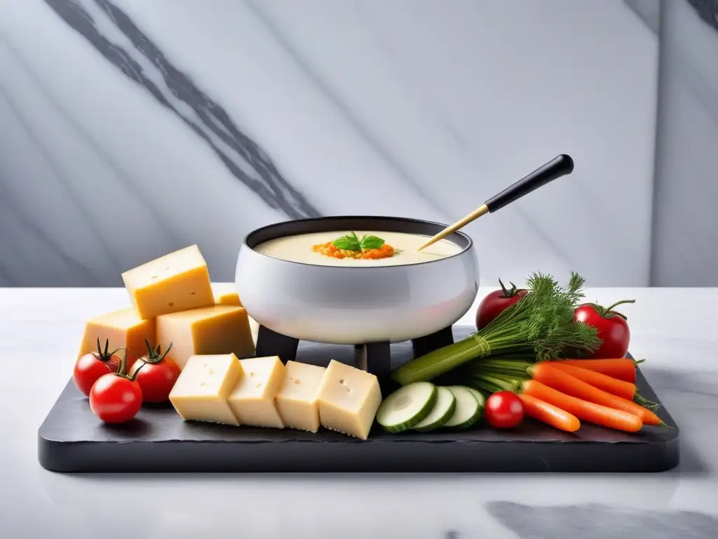 Exquisita tabla vegana de fondue en mármol Un exquisito plato de fondue vegano con quesos sin lácteos, verduras coloridas y pan crujiente, en un elegante fondo de mármol