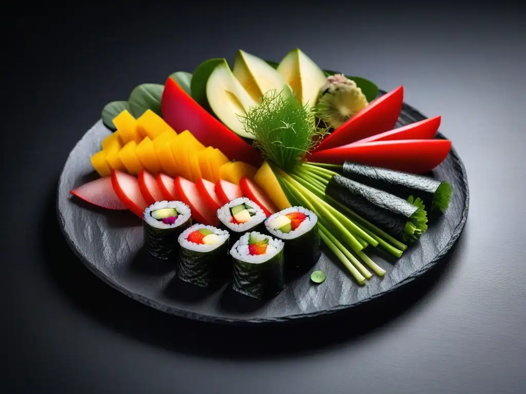 Un exquisito plato gourmet crudo vegano internacional con sushi de frutas y verduras en una presentación vibrante y colorida