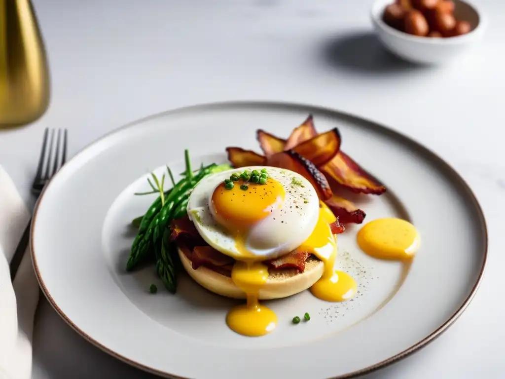 Deléitate con un exquisito plato gourmet de huevos Benedictinos veganos, presentado con elegancia en un plato minimalista