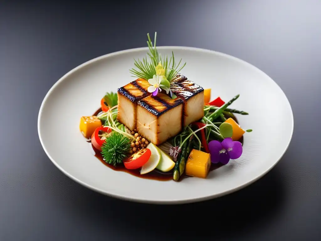 Un exquisito plato gourmet de tofu fusionando sabores globales con vegetales coloridos