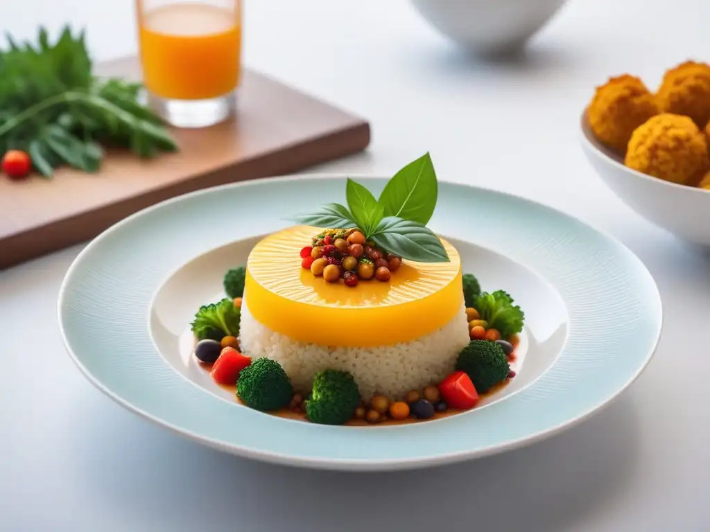 Exquisito plato gourmet vegano con colores vibrantes y detalles elegantes en vajilla moderna