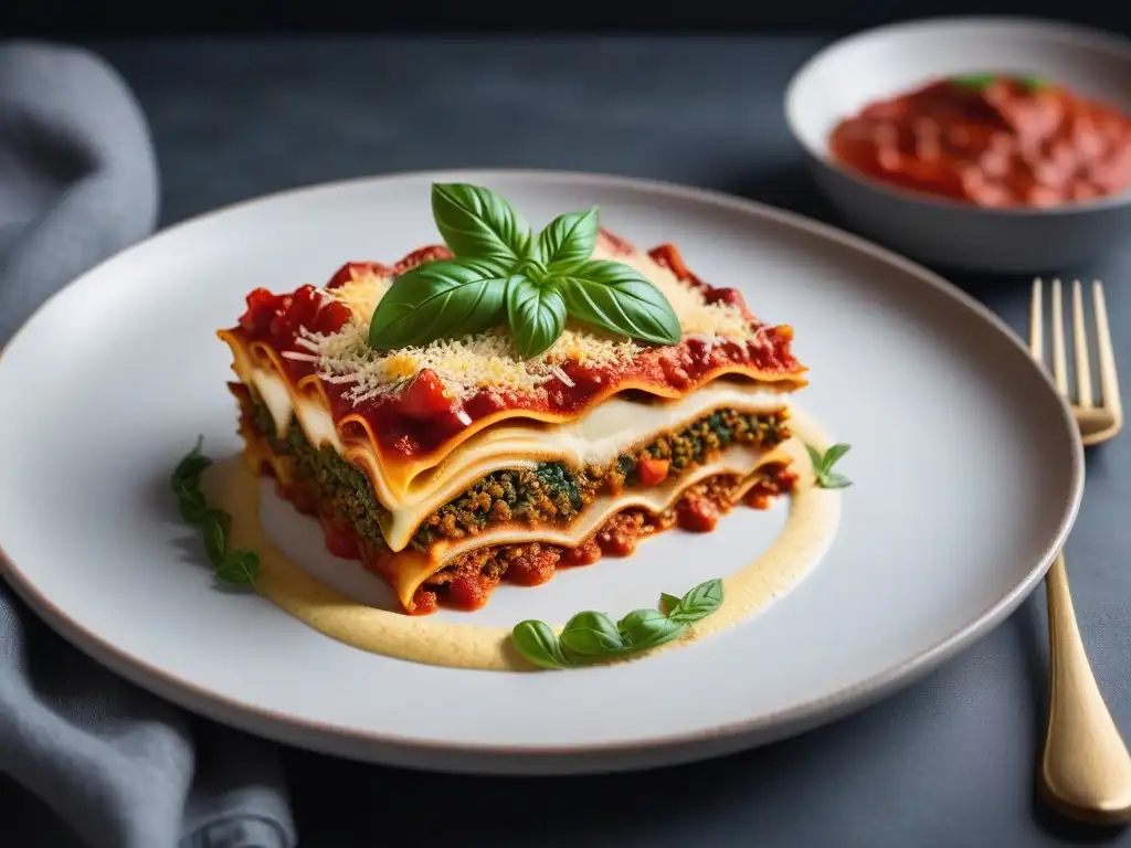 Un exquisito plato de lasaña vegana, con capas de verduras coloridas, salsa de tomate y queso de anacardos, decorado con albahaca fresca y levadura nutricional