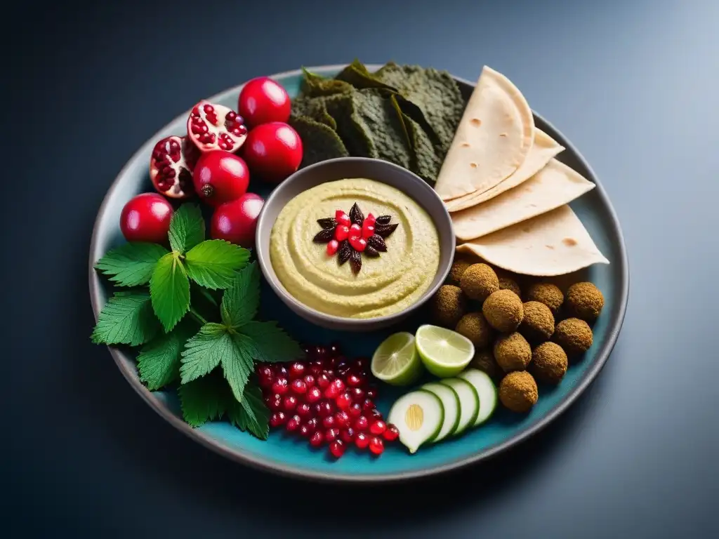 Un exquisito plato de mezze vegano con superfoods de Medio Oriente en una presentación colorida y moderna