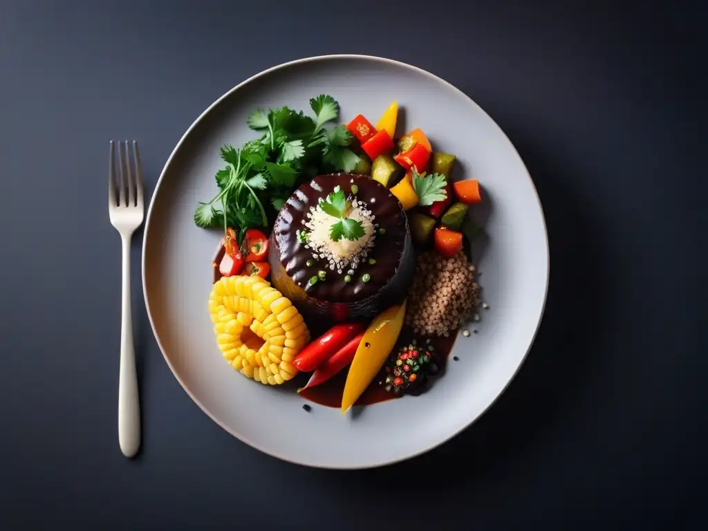 Un exquisito plato de mole vegano con coloridas verduras, semillas de sésamo y cilantro fresco