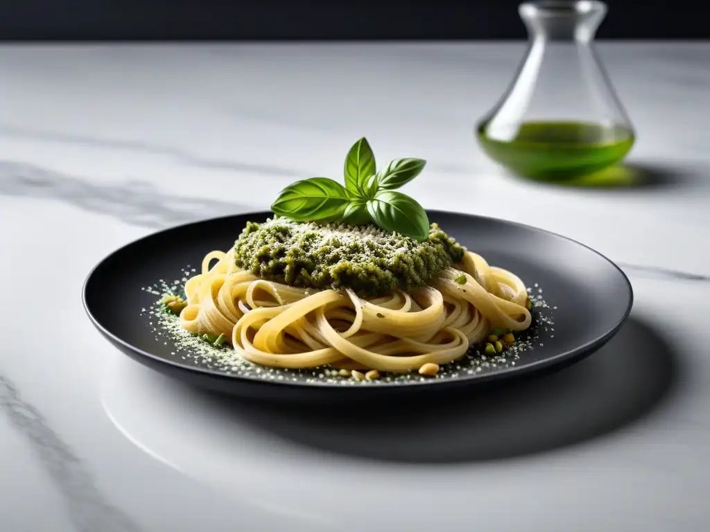 Un exquisito plato de pasta gourmet con pesto vegano, decorado con albahaca fresca y piñones, sobre un elegante plato en cocina moderna