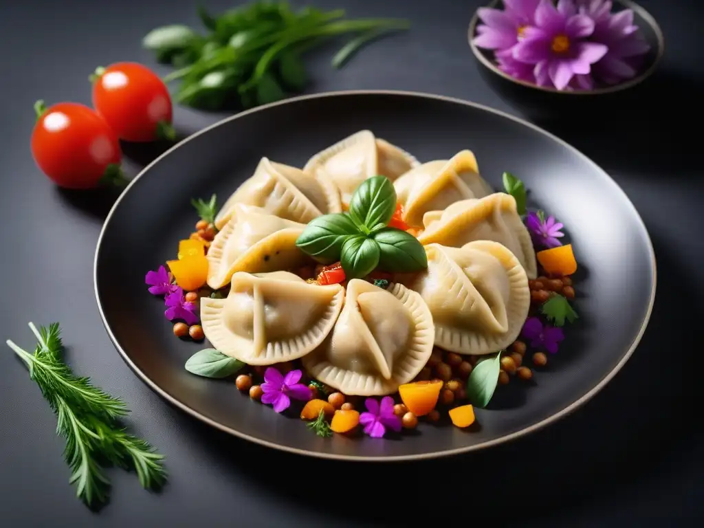 Exquisito plato de pierogis veganos alternativos a platos tradicionales, coloridos y vibrantes con rellenos y decoraciones variadas