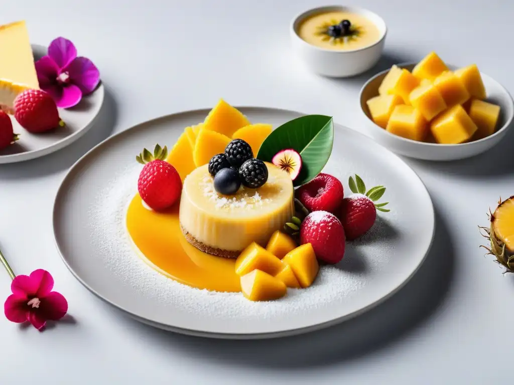 Un exquisito plato de postres veganos caribeños saludables, con coco flan, sorbete de mango, pastel de piña y cheesecake de maracuyá