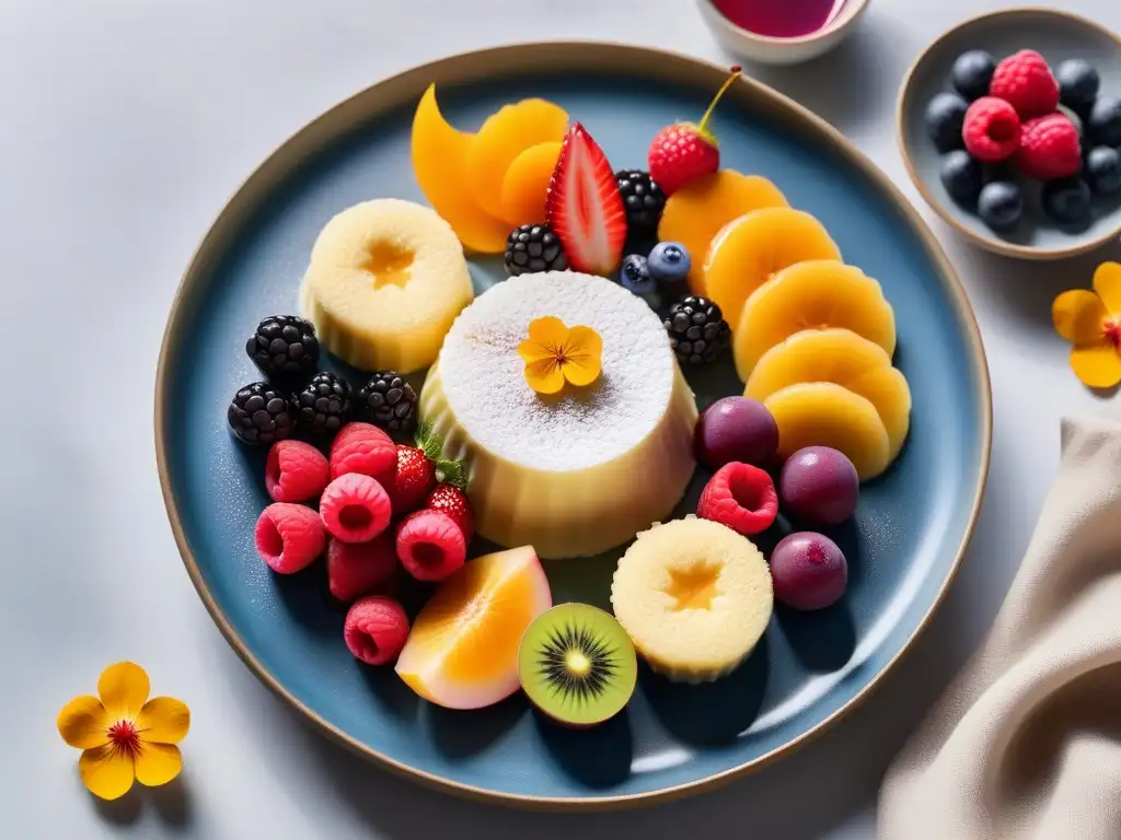 Un exquisito plato de postres veganos al vapor, con pasteles y pudines adornados con frutas frescas y flores comestibles