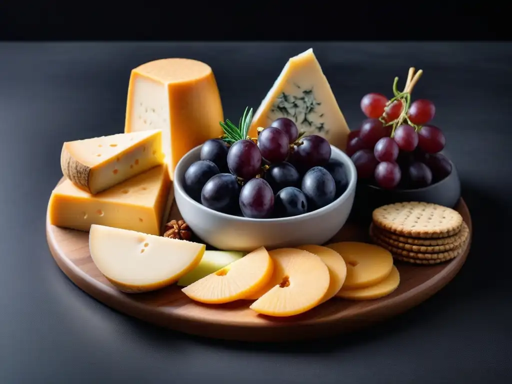 Un exquisito plato de queso cheddar vegano con frutas y crackers, presentado de forma elegante y apetitosa