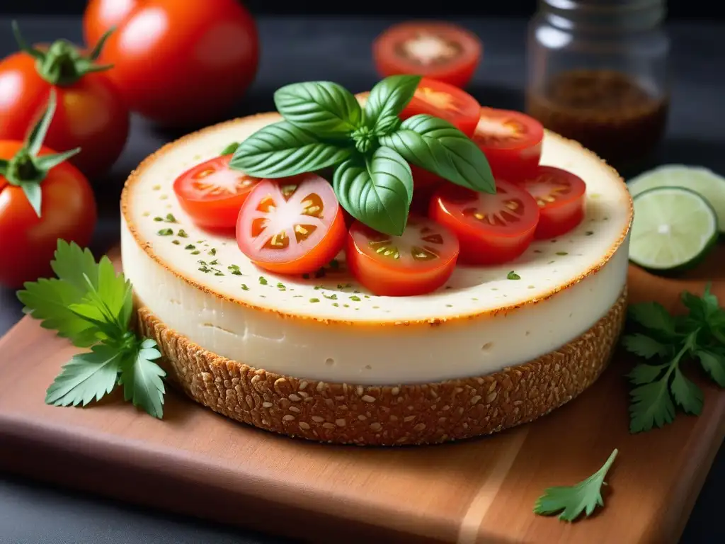 Un exquisito plato de queso Monterrey Jack vegano, con una presentación impecable y tentadora, rodeado de ingredientes frescos y coloridos