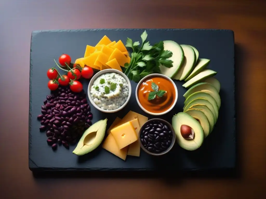 Exquisito plato de quesos veganos con sabor latino, decorado con ingredientes coloridos y frescos