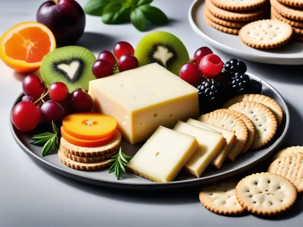 Un exquisito plato con rodajas de Queso Havarti Vegano cremoso en diferentes sabores y colores, rodeado de galletas, frutas y hierbas frescas