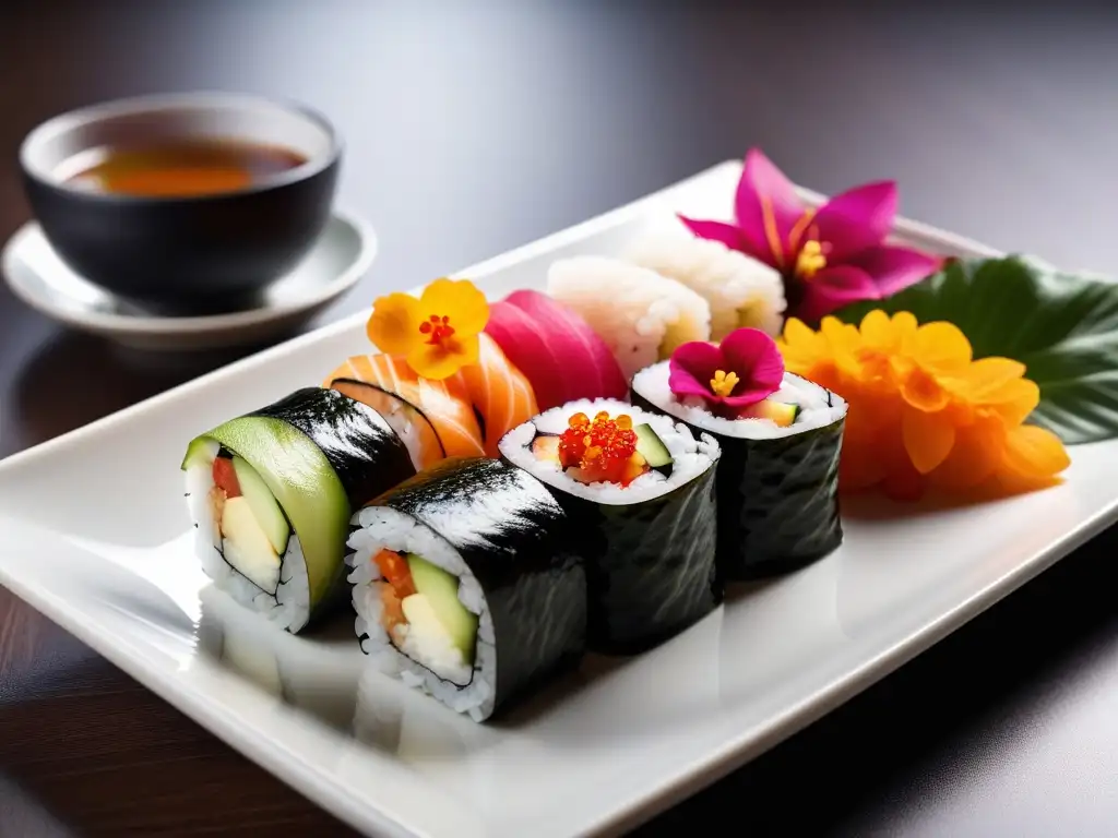 Exquisito plato de sushi vegano con rollos coloridos y flores comestibles