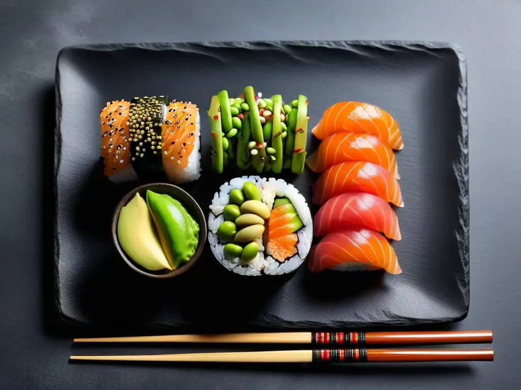 Deléitate con un exquisito plato de sushi vegano, resaltando la frescura y colorido de sus ingredientes