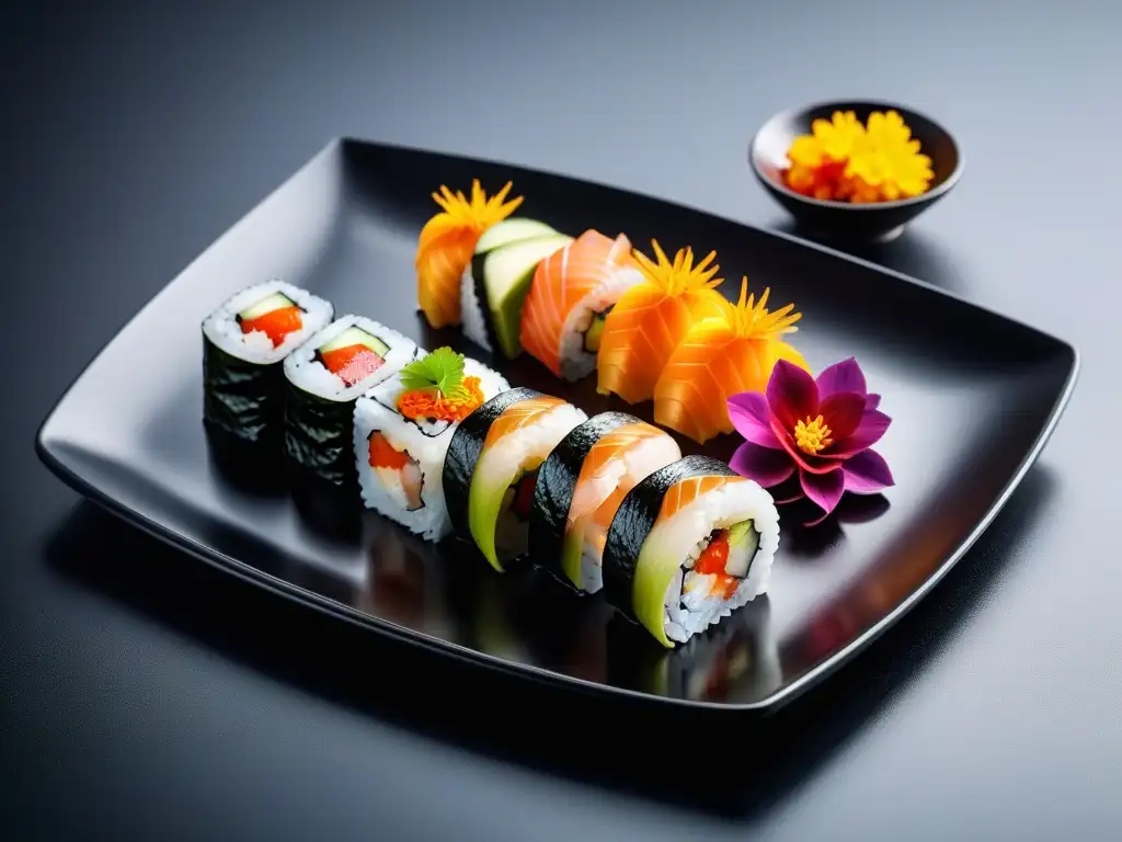 Exquisito plato de sushi vegano con rolls coloridos y artísticos, ideal para alergias