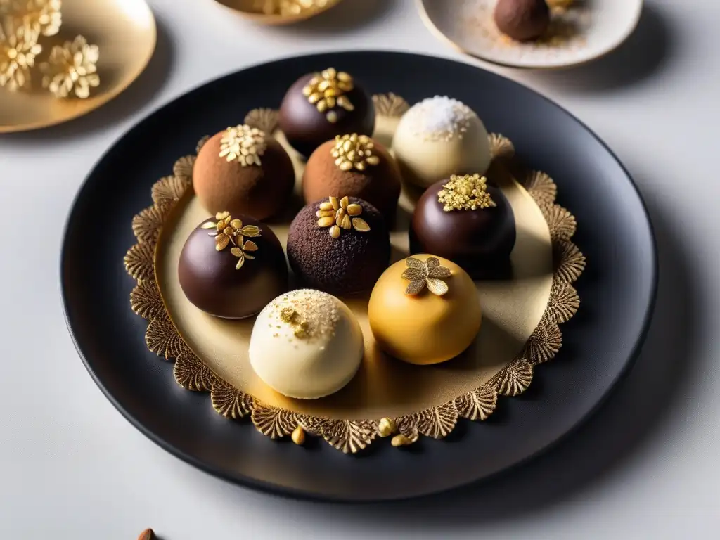 Un exquisito plato de trufas veganas europeas, decoradas con cacao, nueces y hojas de oro comestible, sobre una elegante vajilla negra