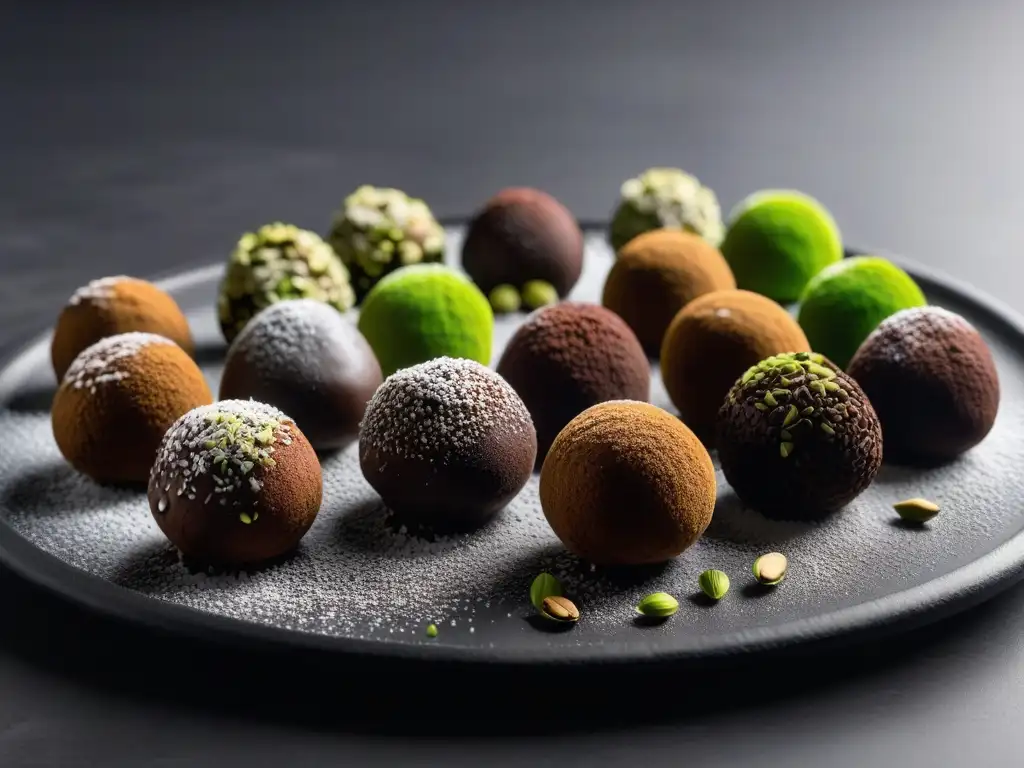 Un exquisito plato de trufas veganas de chocolate en una presentación elegante y tentadora