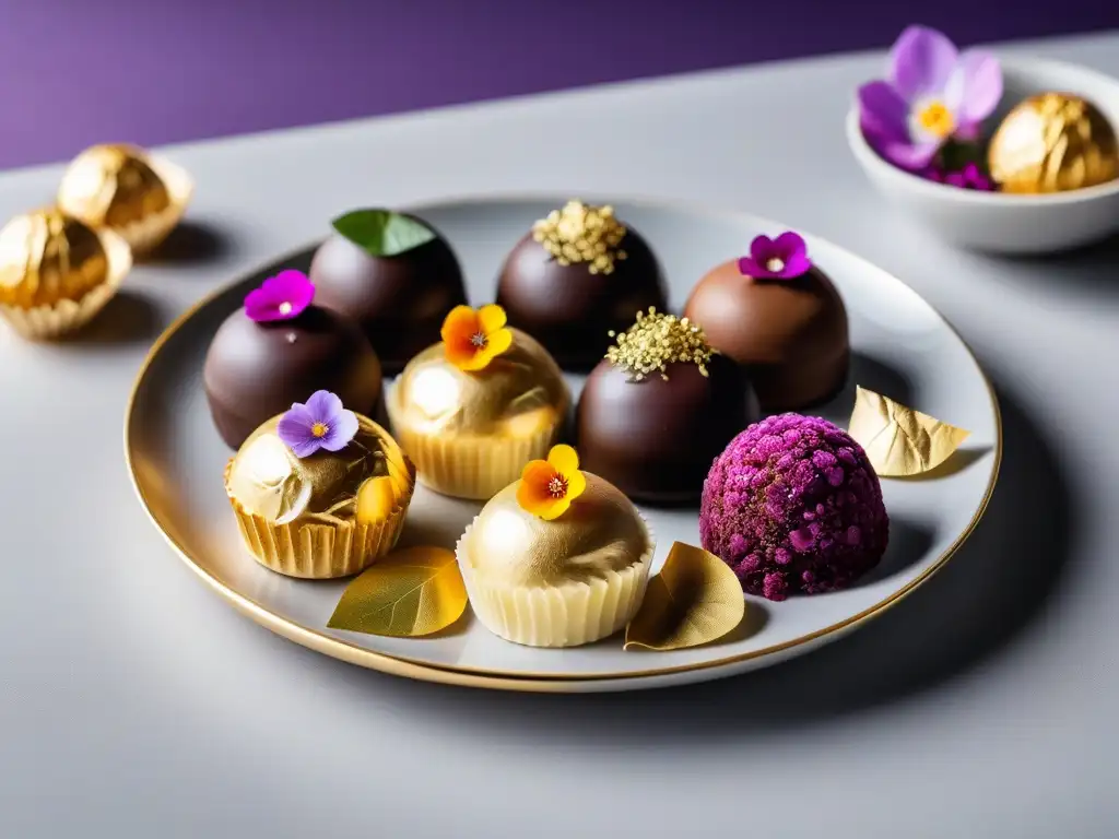 Un exquisito plato de trufas veganas decoradas con flores comestibles y toppings coloridos