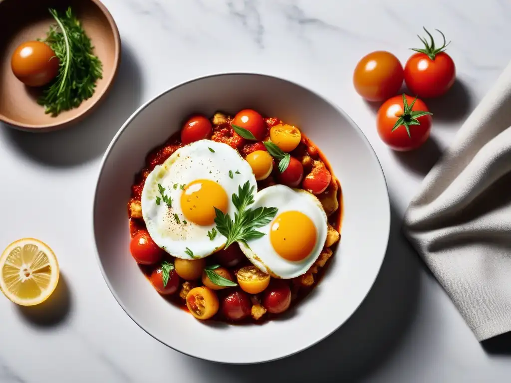 Un exquisito plato de shakshuka vegana gourmet brunch en un elegante bol de cerámica blanco, decorado con tofu 'huevos' pochados y perejil fresco