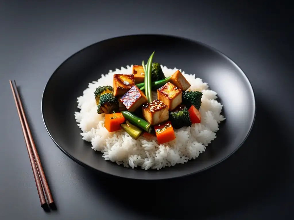 Un exquisito plato vegano asiático, sin aceite, con vegetales salteados, tofu crujiente y arroz jazmín, presentado con elegancia en un plato negro