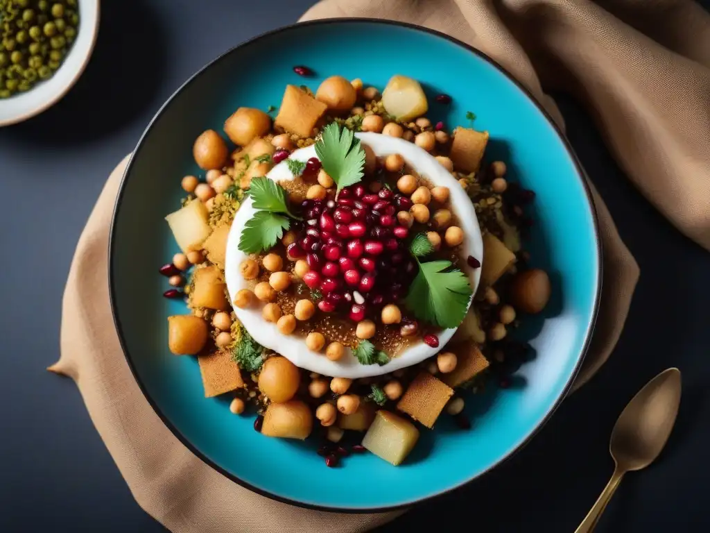 Un exquisito plato de Chaat Vegano auténtico de la India, con colores vibrantes y sabores auténticos, adornado con chaat masala y semillas de granada