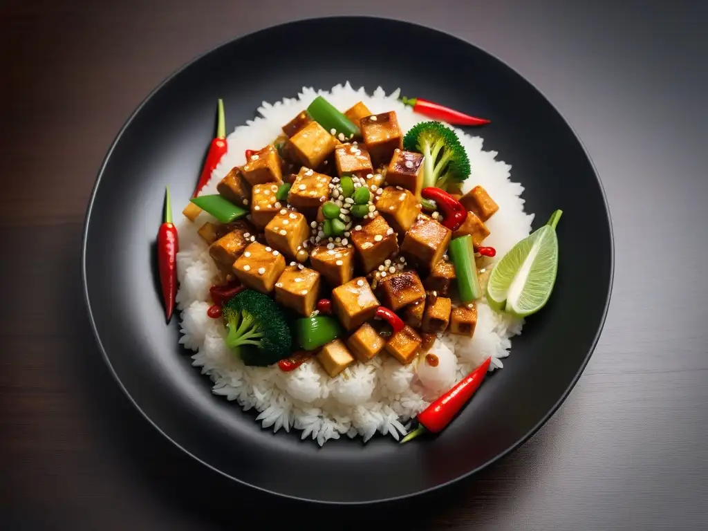 Exquisito plato de mapo tofu vegano con chiles rojos, cebollinos y semillas de sésamo, sobre una elegante vajilla negra