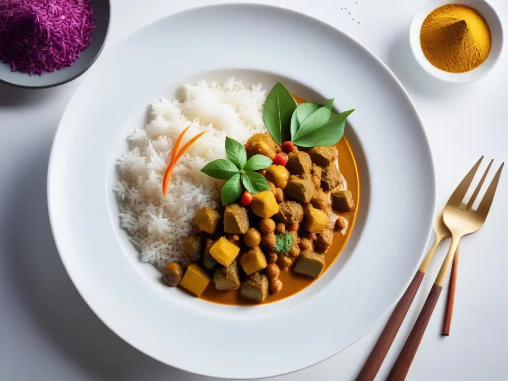 Un exquisito plato vegano de curry con especias vibrantes, resaltando la Importancia de las especias veganas