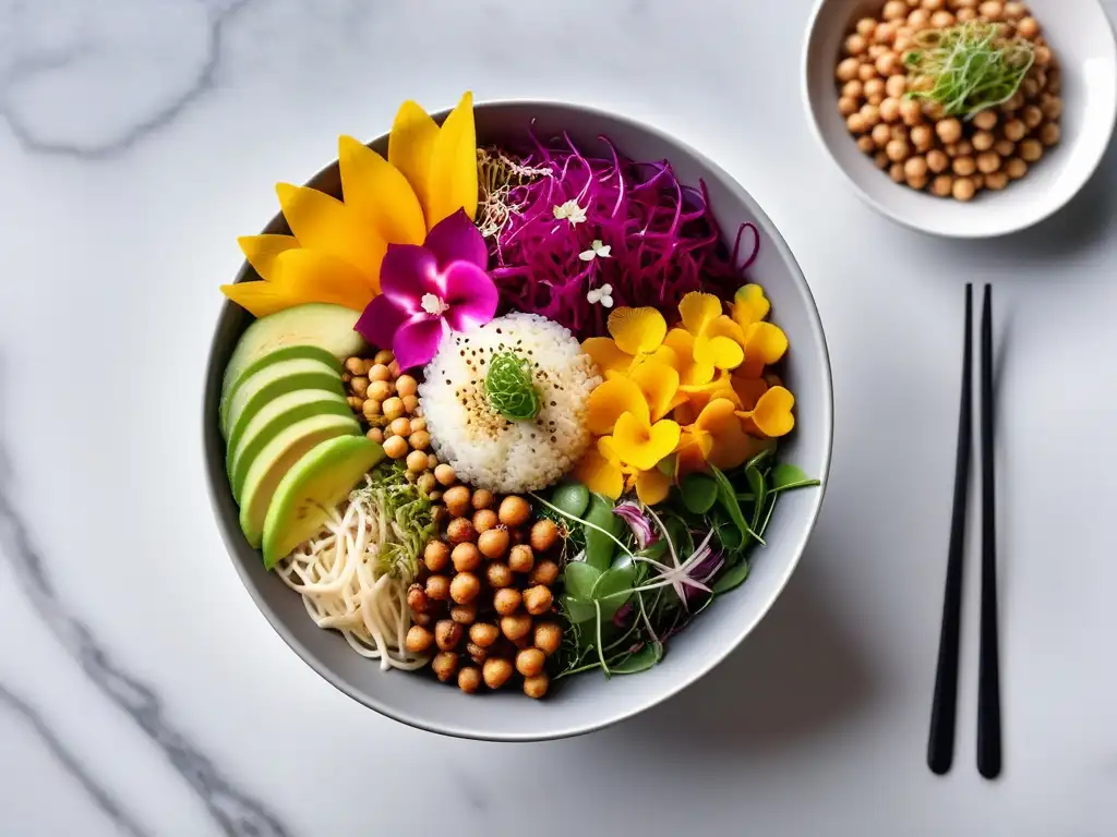 Bowl vegano exótico: vibrante y ultradetallado Un exquisito plato vegano exótico con ingredientes coloridos y vibrantes, presentado de forma artística en un bol moderno sobre una encimera de mármol