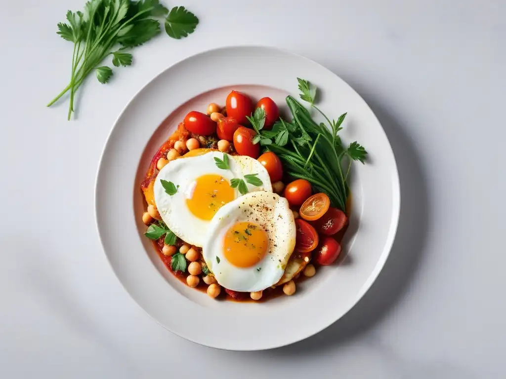 Deléitate con este exquisito plato vegano de shakshuka gourmet en un entorno de cocina moderna y elegante