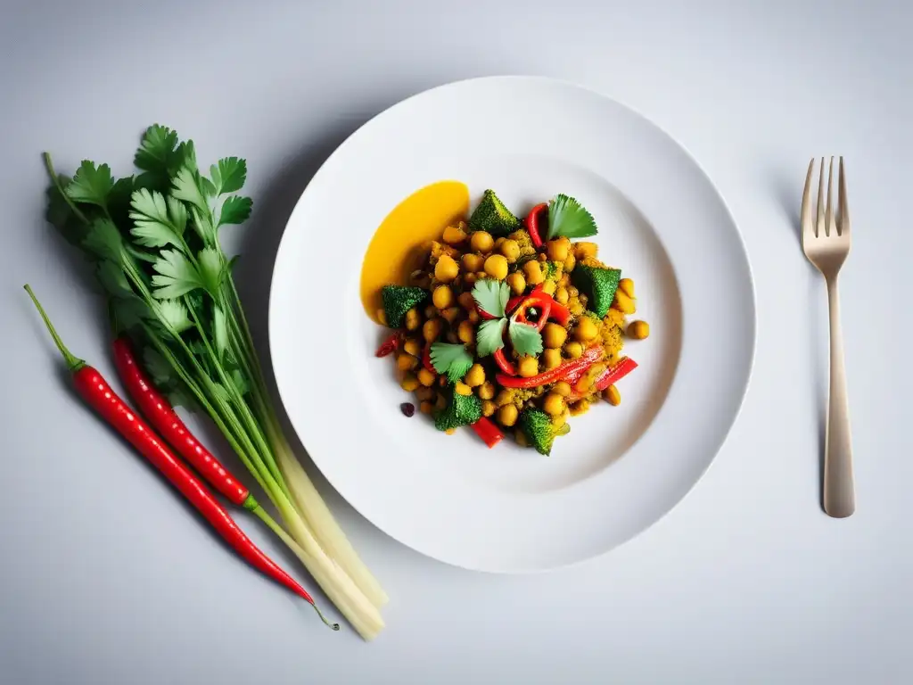 Un exquisito plato vegano indio con cúrcuma saludablemente colorido