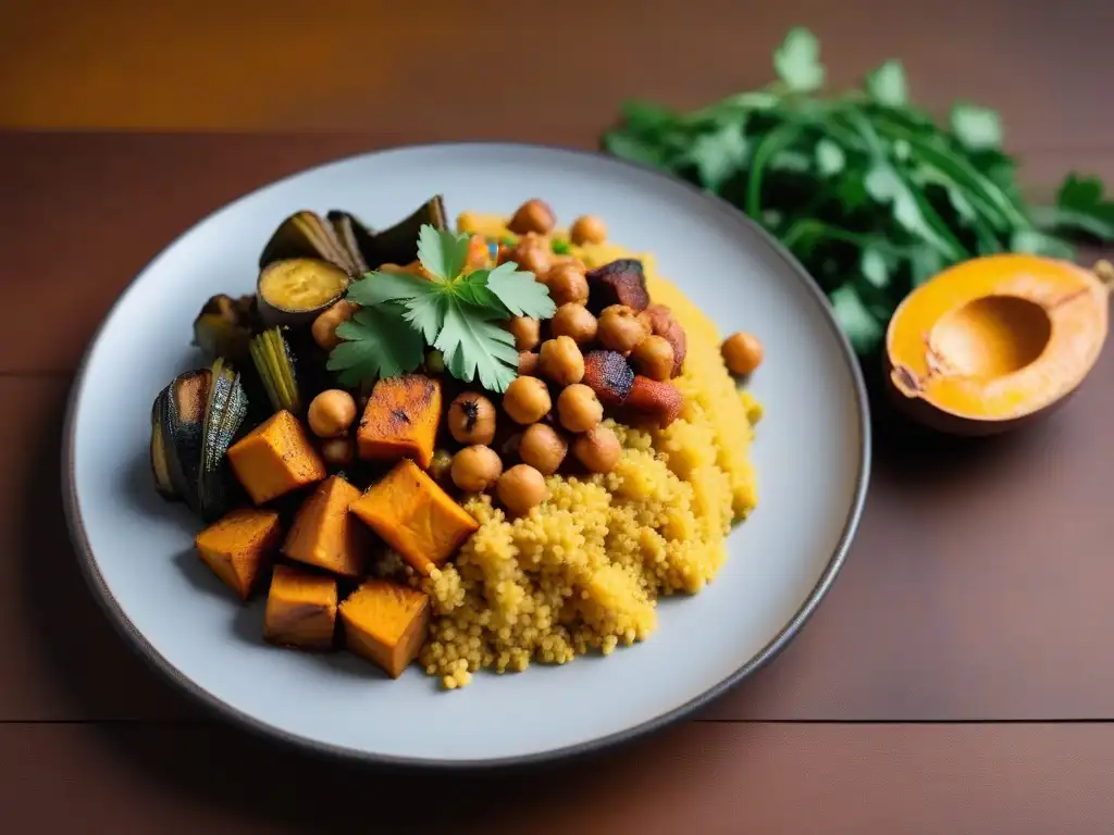 Un exquisito plato vegano Mafe de África occidental, lleno de color y sabor, con ingredientes vibrantes y una presentación elegante