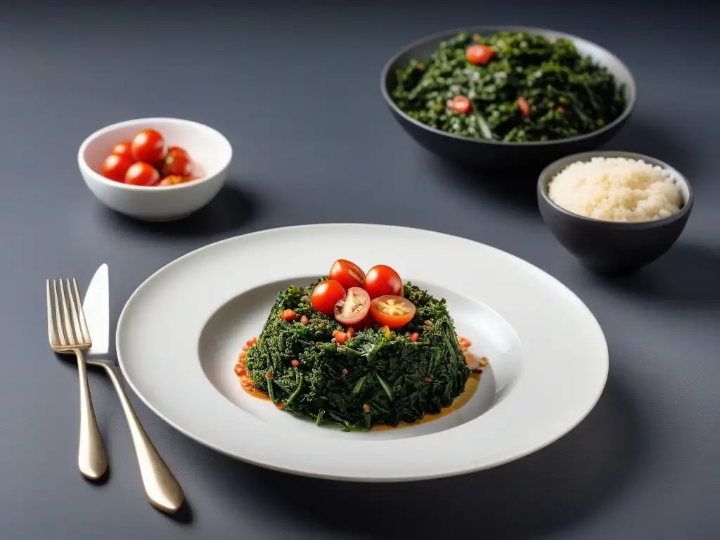 Un exquisito plato vegano Sukuma Wiki receta, con col rizada salteada, ugali, semillas de sésamo y aceite de oliva sobre un elegante plato blanco