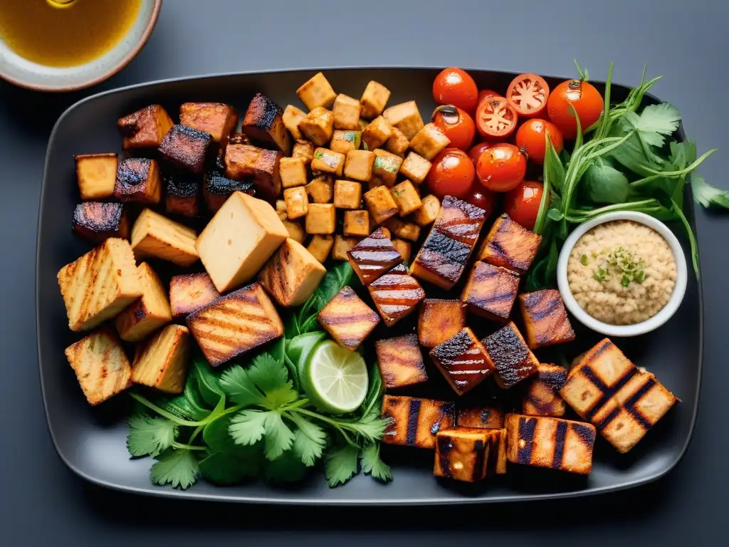 Exquisito plato vegano con tofu y tempeh, listo para disfrutar