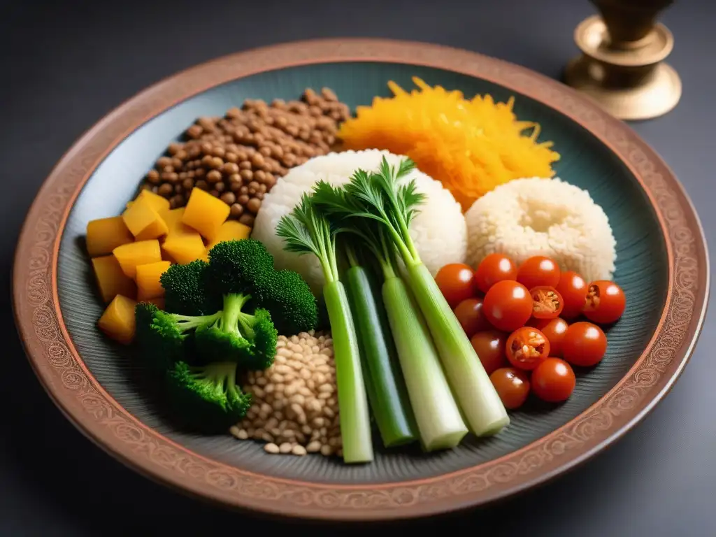 Un exquisito plato vegano kazajo tradicional, con capas de verduras, granos y hierbas frescas en una hermosa vajilla