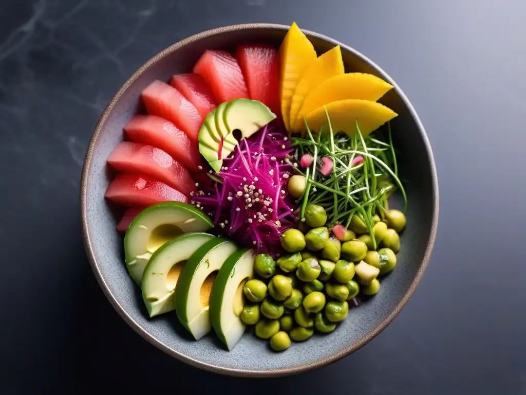 Un exquisito poke bowl vegano crudo, innovador y vibrante, lleno de ingredientes frescos y coloridos