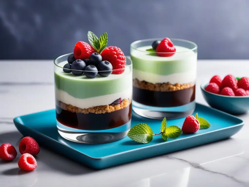 Un exquisito postre vegano en capas: base de chocolate, crema de coco y bayas frescas