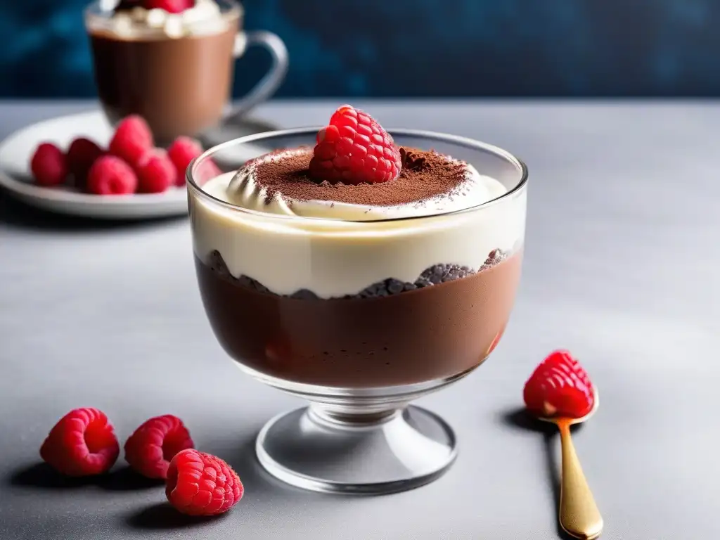Un exquisito postre vegano de mousse de chocolate cremoso con crema batida y frambuesas frescas