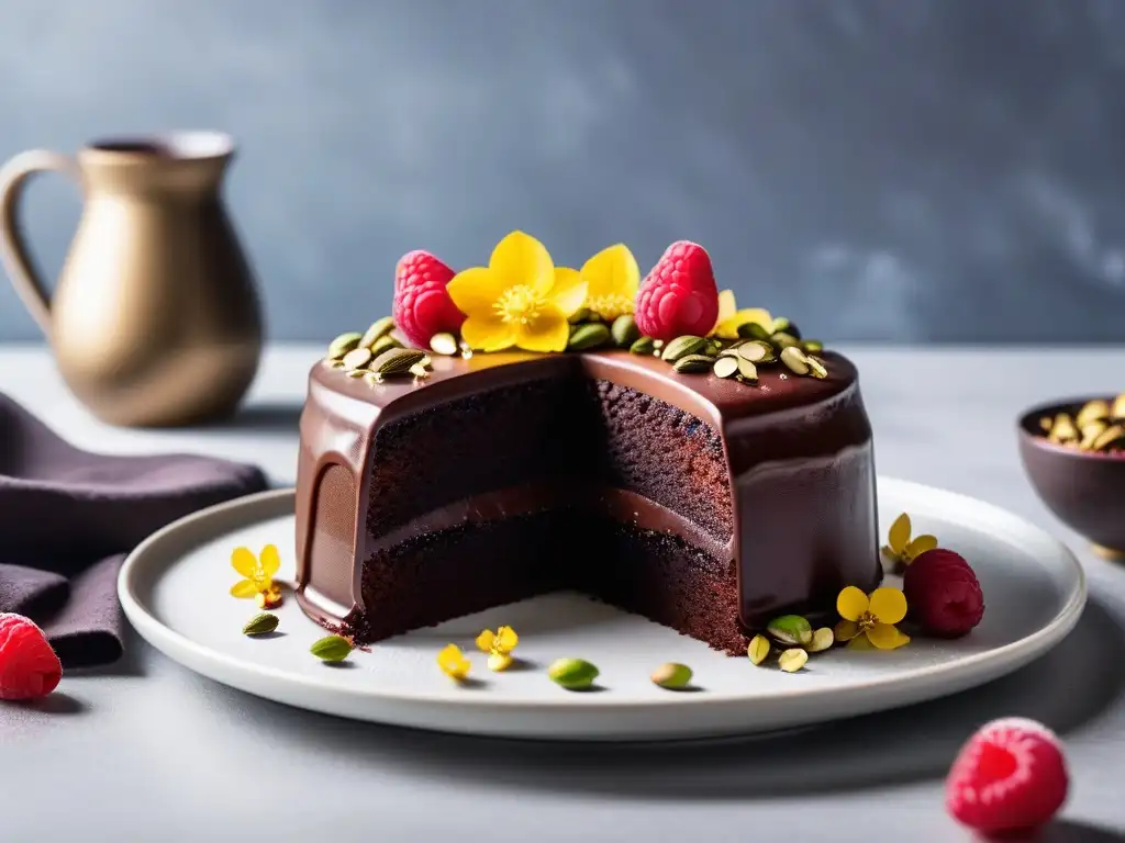 Un exquisito postre vegano sin gluten: un decadente pastel de chocolate con ganache de aguacate, pistachos, frambuesas y flores comestibles